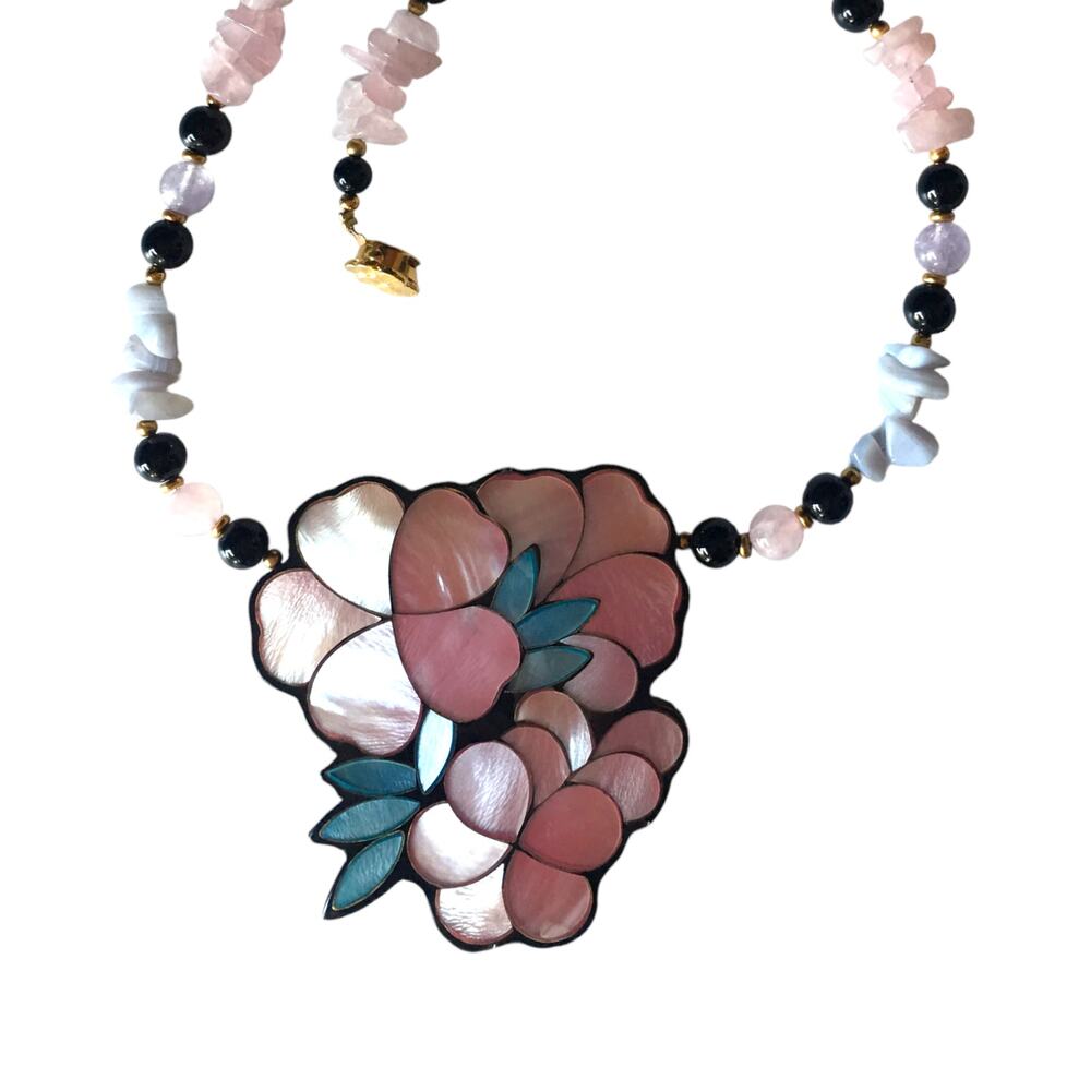 Huge flower pendant, semiprecious stone (rose quartz) statement necklace